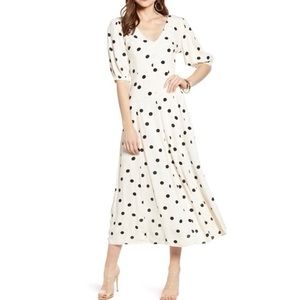 SOMETHING NAVY POLKA DOT MIDI DRESS